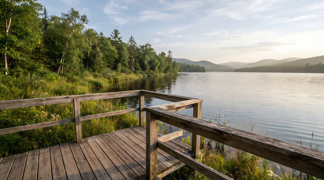 Wooden viewing deck overlooking a peaceful lake