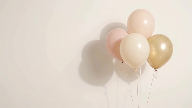 Light pastel balloons gently sway on thin strings against neutral wall with soft shadow.