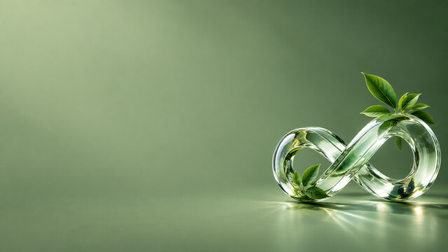Glass infinity symbol sculpture decorated with fresh green leaves resting on soft light green surface