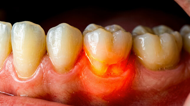 Inflamed human gum tissue with glowing orange light between teeth symbolizes oral infection periodontitis and painful dental disease symptoms.