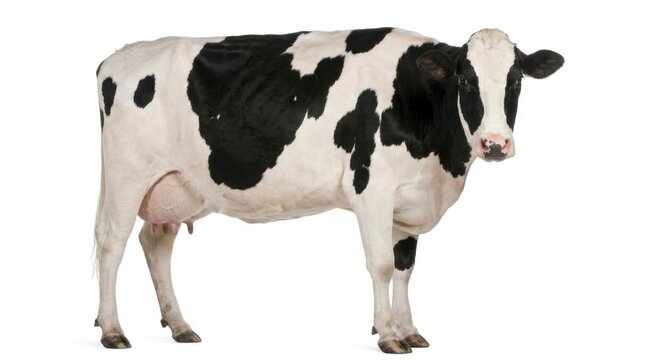 Holstein cow standing in front of a white background