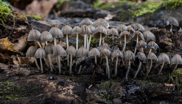 A group of small grey mushrooms growing on a decaying log covered in moss and fallen leaves in a dark forest floor setting