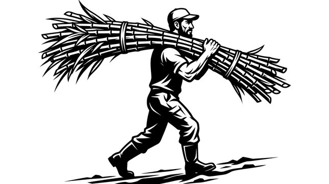Laborer carrying sugarcane stalks on shoulder in a black and white vector illustration.