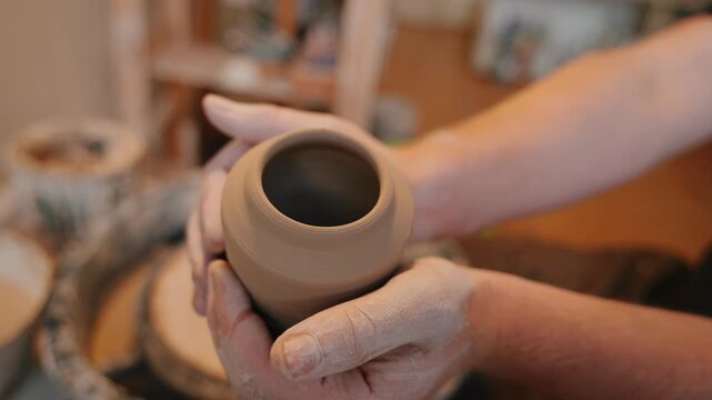 Top view of a handmade ceramic vase on a pottery wheel with the surface being carefully shaped and refined by a potter
