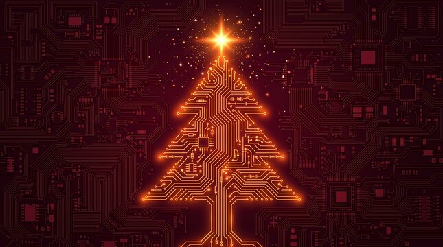 Digital christmas tree formed from circuit board lines on a dark red technology background