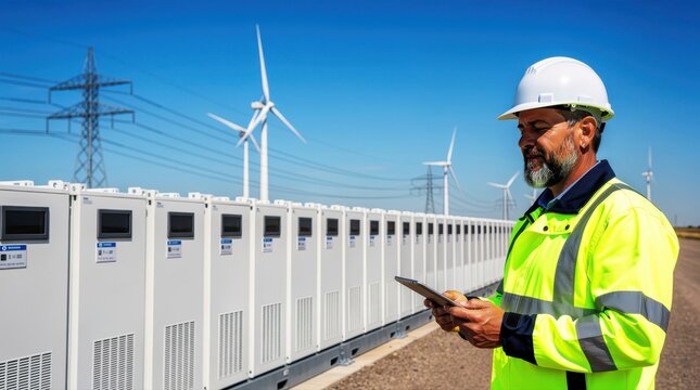 Engineer in high-vis vest using tablet at battery energy storage site. Technician monitoring renewable power with wind turbines in background. Green energy management concept for industrial use.