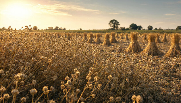 Golden wheat field at sunset with rows of harvested grain sheaves standing in the distance under a soft, warm, glowing evening sky horizon