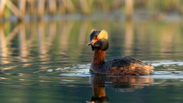 horned grebe close up at morning light on lake baikal russia video