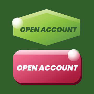  Open account green hexagon and pink glossy web button set vector illustration