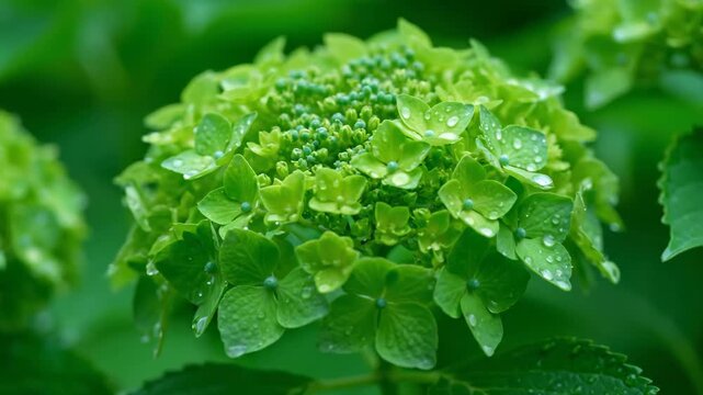 Macro close-up of green hydrangeas, close-up of green hydrangeas after rain