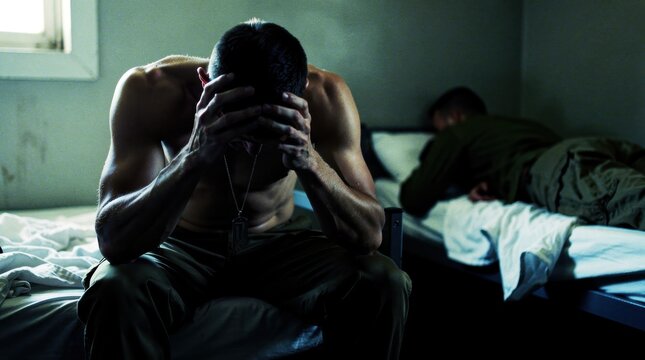 Man sitting on bed with head in hands. Soldier with dog tags depicting PTSD in barracks. Mental health and veteran trauma concept for awareness.