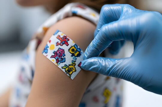 Close-up of pediatrician hand in blue glove applying colorful pixel pattern adhesive plaster on small child shoulder after vaccine injection