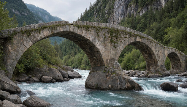 Ancient stone arch bridge crossing a fast flowing turquoise mountain river surrounded by rocky banks and dense green forest in a deep valley