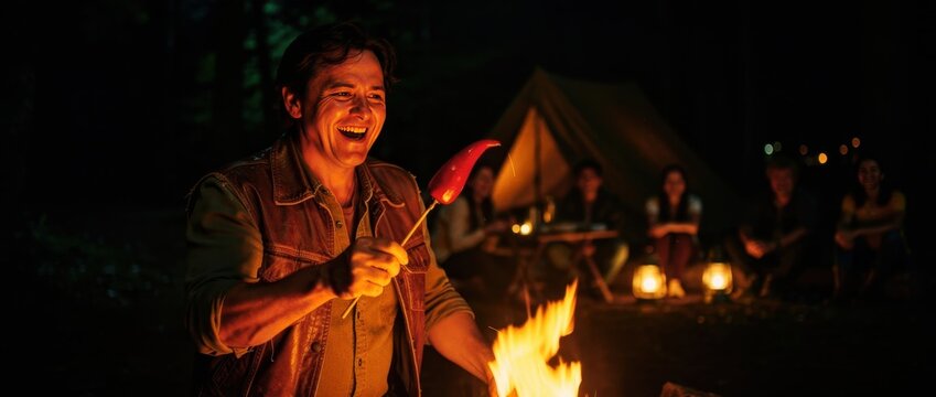 Smiling man roasting a red pepper over a campfire at night. Group of friends gathering around a tent during an outdoor camping trip. Adventure lifestyle concept for travel and leisure marketing.
