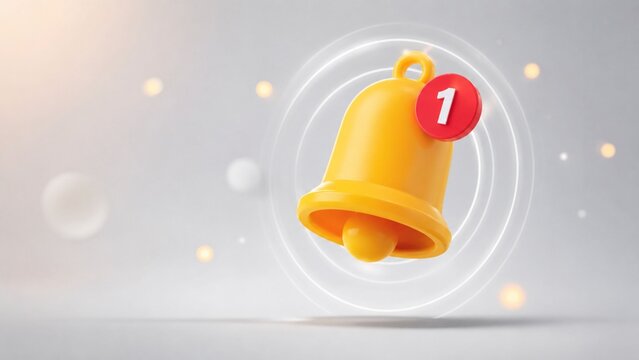 3D render of a golden yellow notification bell icon featuring a red numeric badge alert with glowing white concentric rings on a soft grey bokeh background for digital message concepts.