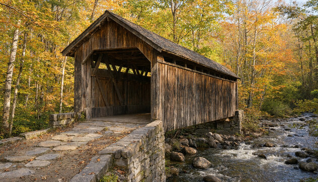 A rustic wooden covered bridge crossing a small river in a forest during autumn with vibrant yellow and orange leaves on the surrounding trees