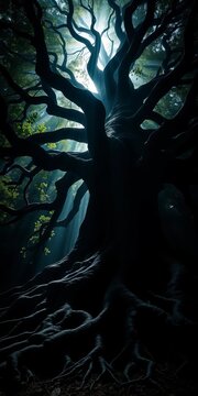 Ancient roots twist like shadowed veins, a colossal tree's silhouette pierced by celestial light,  dark forest,  low angle