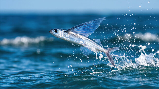 Silver flyingfish with wing glide, dynamic leap and splash in blue ocean water, marine sea wildlife.