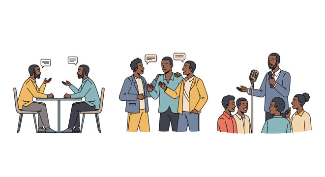 Set of illustrations depicting people communicating and public speaking