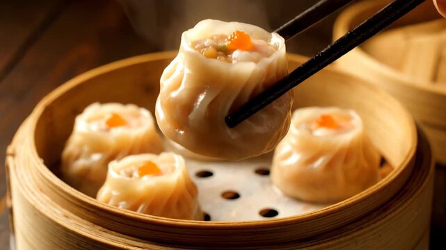 Delicious shaomai in a bamboo steamer, delicious shaomai in a steamer