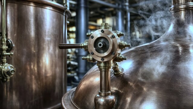 Copper Brewing Kettle with Brass Valve and Steam in Craft Brewery