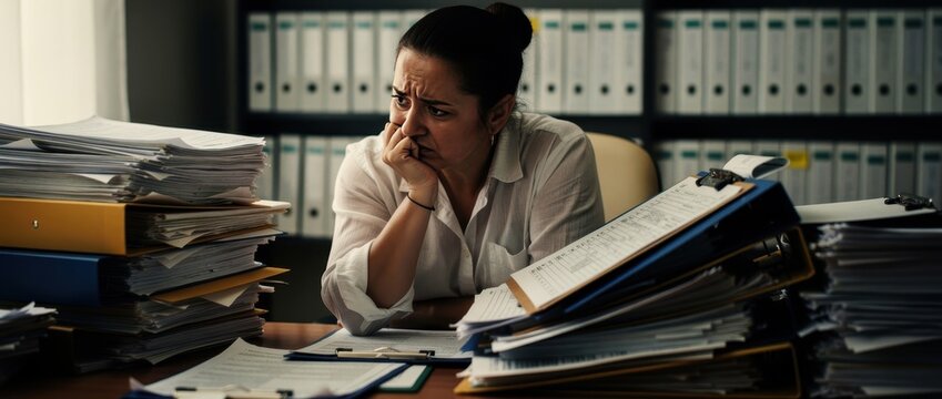 Stressed woman sitting at office desk overwhelmed by piles of paperwork. Tired employee managing heavy workload in archive room. Workplace burnout concept, ideal for labor and mental health content.