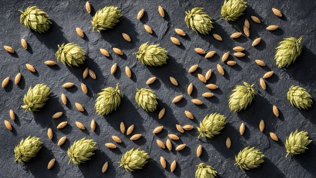 Top view pattern of fresh green hop cones and golden barley grains scattered on dark textured slate