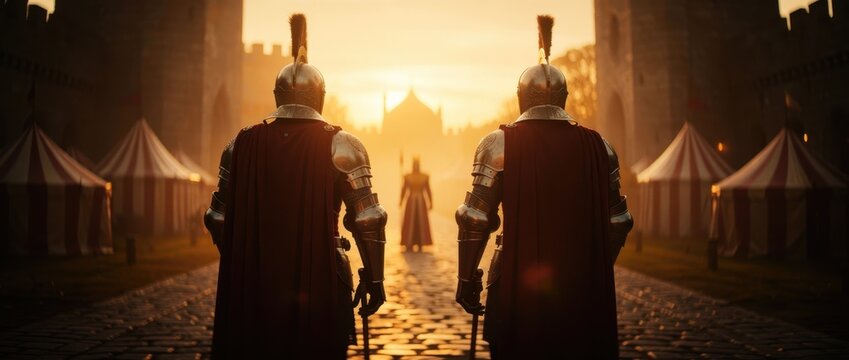 Two knights in armor stand at sunset. Warriors in red capes look toward a castle and camp. Historical fantasy theme for cinematic or game use.