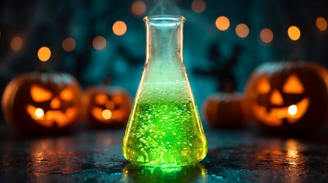 A bubbling green potion emitting smoke in an Erlenmeyer flask, surrounded by glowing carved jack-o'-lantern pumpkins in a spooky atmospheric Halloween setting with cinematic lighting and bokeh.
