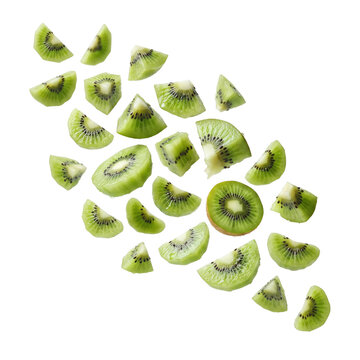 Organic kiwi fruit slices falling, green tropical fruit pieces isolated on white, fresh nature food concept