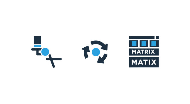3D isometric icon set featuring matrix blocks cycle arrows and mechanical parts mechanical rotation mechanism engineering structure technology interface application automation workflow