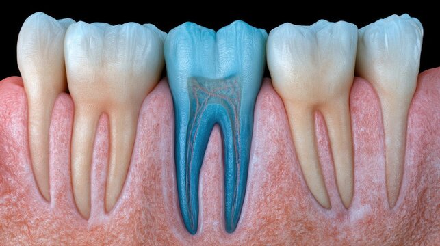 Intricate Close-Up of Human Teeth Anatomy with Detailed Root Structure and Colorful Tooth Cross-Section Representation