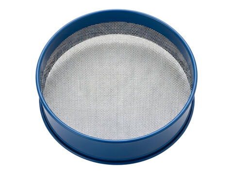 A high-angle view of a circular blue metal kitchen sieve