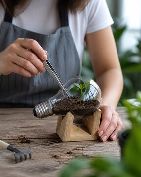 Woman using tweezers to tend a small plant growing inside a lightbulb terrarium on a wooden table