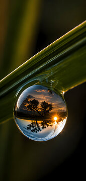 Macro shot of a water droplet on a grass blade reflecting a sunset landscape