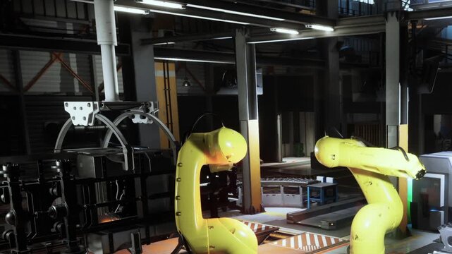 Two robotic arms are positioned in a factory. They are working on a production line. The factory has large machines and industrial equipment. Bright lights illuminate the area.