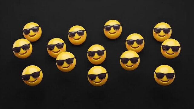 Many yellow smiley emojis with sunglasses on black background