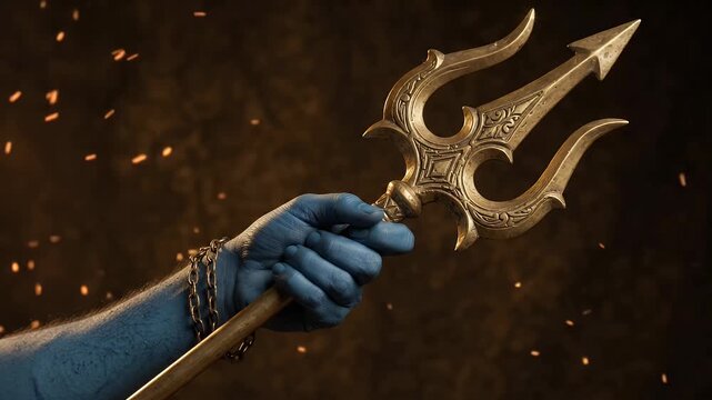 Golden trident held by blue fantasy character hand