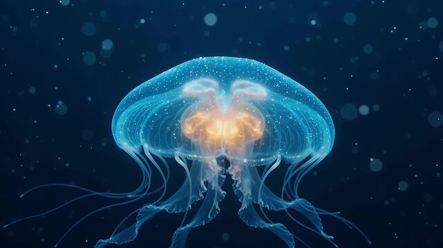 Glowing jellyfish swimming in deep blue ocean water