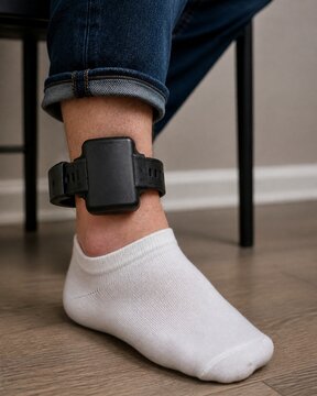 Person wearing an electronic ankle monitor on their leg, concept of probation or house arrest