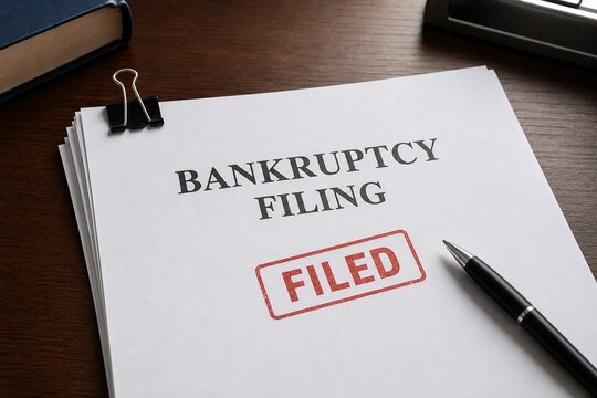 Bankruptcy filing document with a red filed stamp and pen on a wooden desk