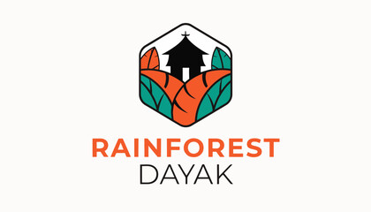 Fototapeta premium Rainforest Dayak logo, church in hexagon with leaves