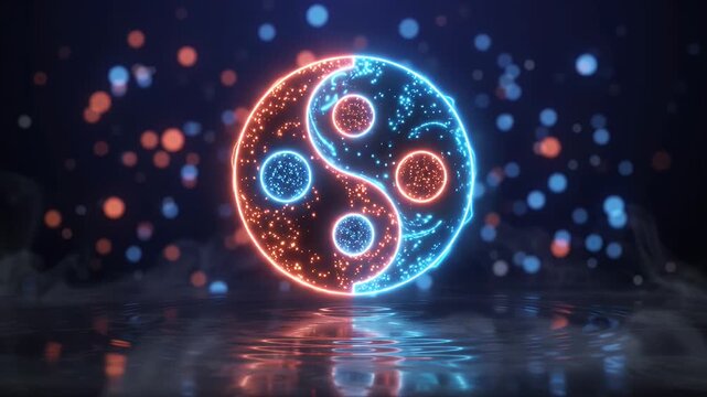 Glowing neon yin yang symbol with particles animation
