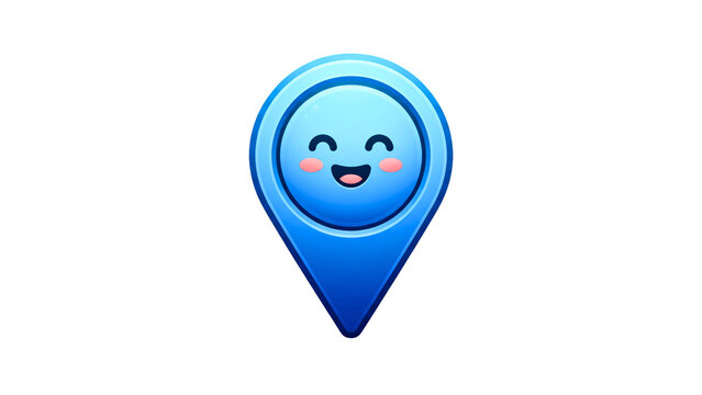 Cute blue map pin character icon with smiling face isolated on PNG transparent background