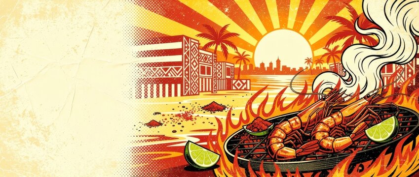 Fresh prawns grilling over open flames on a summer beach. Retro illustration featuring tropical palm trees and a vibrant coastal sunset backdrop. Seafood barbecue concept for menus and catering.