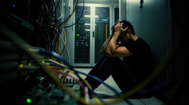 Stressed technician sitting in dark server room. IT engineer experiencing burnout or critical system failure. Cybersecurity crisis concept for tech support and corporate mental health marketing.