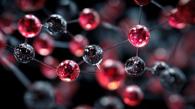 A close-up view of a molecular structure with red and silver spheres connected by thin wires