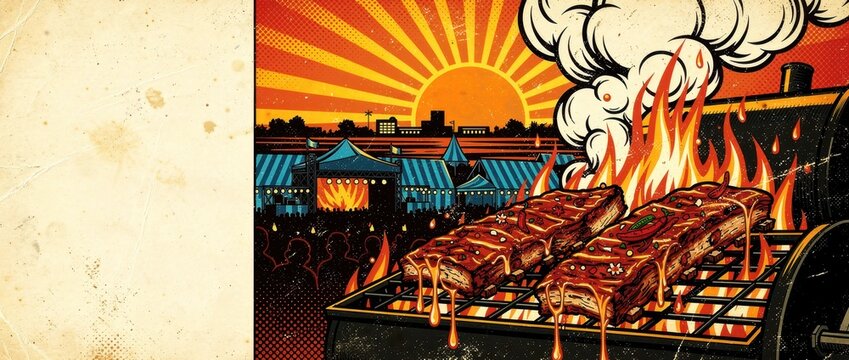 BBQ ribs grilling at a music festival. Retro comic style with sunset, tents, and flames. Food event concept for summer promotions and marketing.