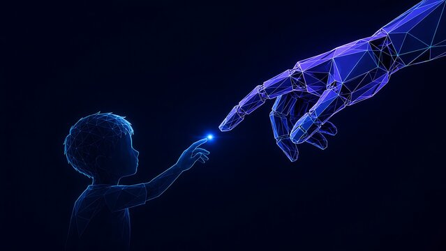 Abstract glowing digital wireframe hands reaching out to each other representing hope. childhood cancer with wireframe connection futuristic technology particles. childhood cancer