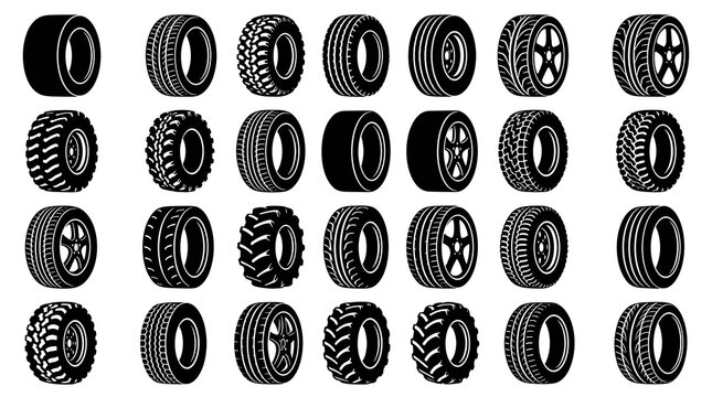 Collection of diverse vehicle tires showcasing different sizes tread patterns and wheel designs suitable for various automotive